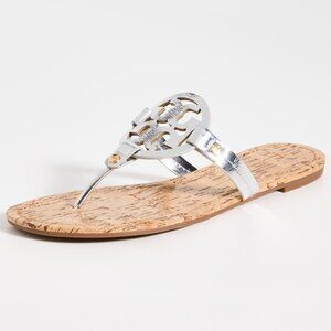 NIB Tory Burch Miller Leather Sandal Metallic Silver Cork US 6.5 8 9 Authentic!!